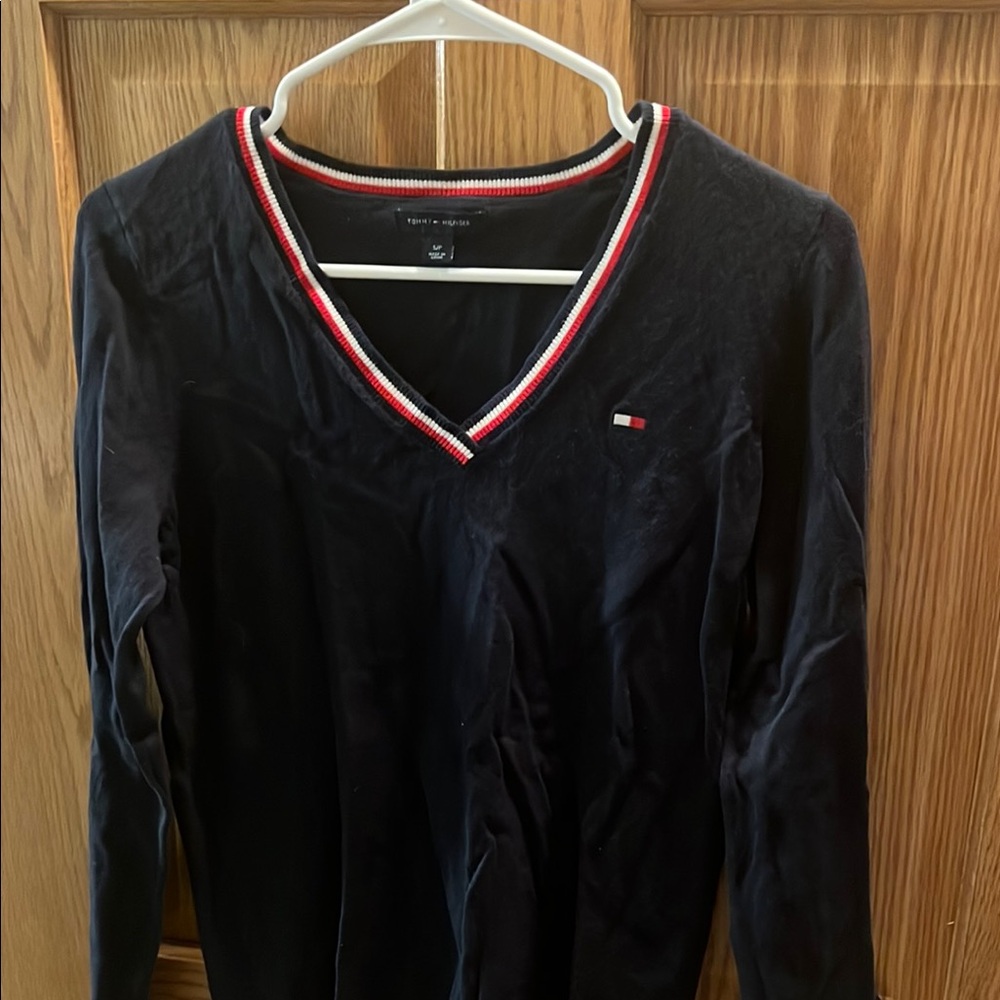 Tommy Hilfiger Navy V-Neck Sweater with Red and White Trim